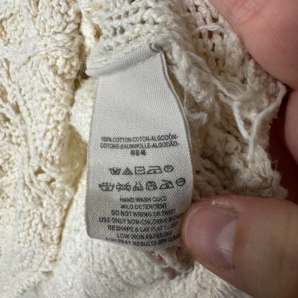 Free People Cream Cable Knit V-Neck Sweater Frayed Hem Ivory Cotton Womens Sz XS